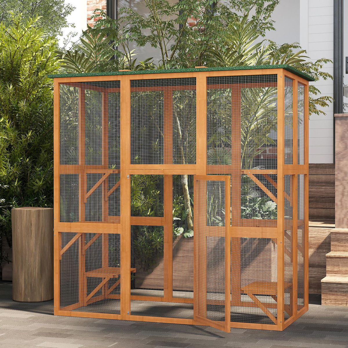 Outdoor Wooden Cat House Enclosure with 6 High Ledges U221872