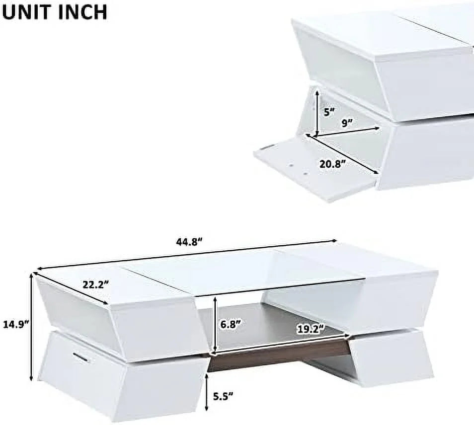 Modern High Gloss 2-Tier Coffee Table with Open Shelves and Cabinets K2917