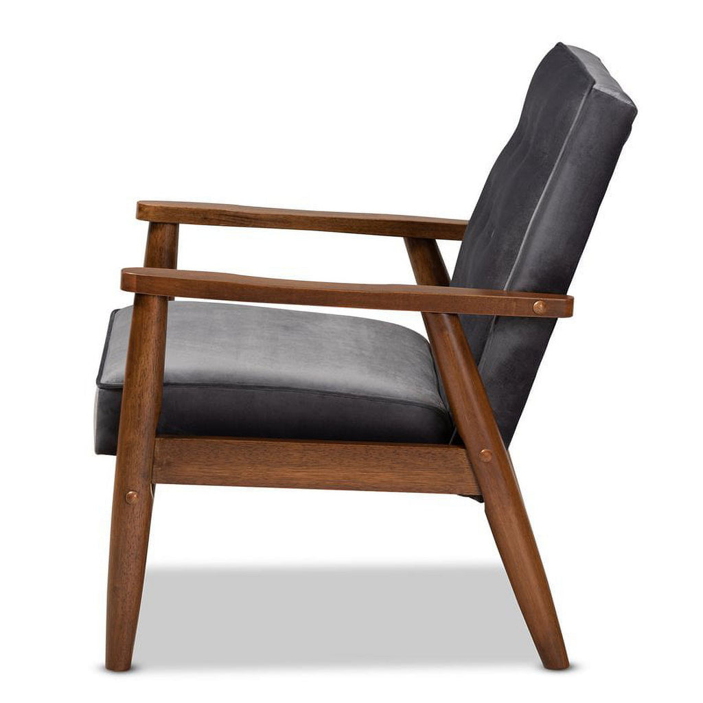 Grey Velvet Upholstered Wood Lounge Chair C1203