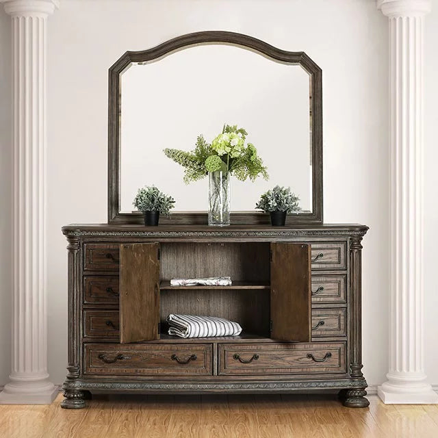 Queen Size 4pc Bed Dresser Mirror Nightstand Set E63432