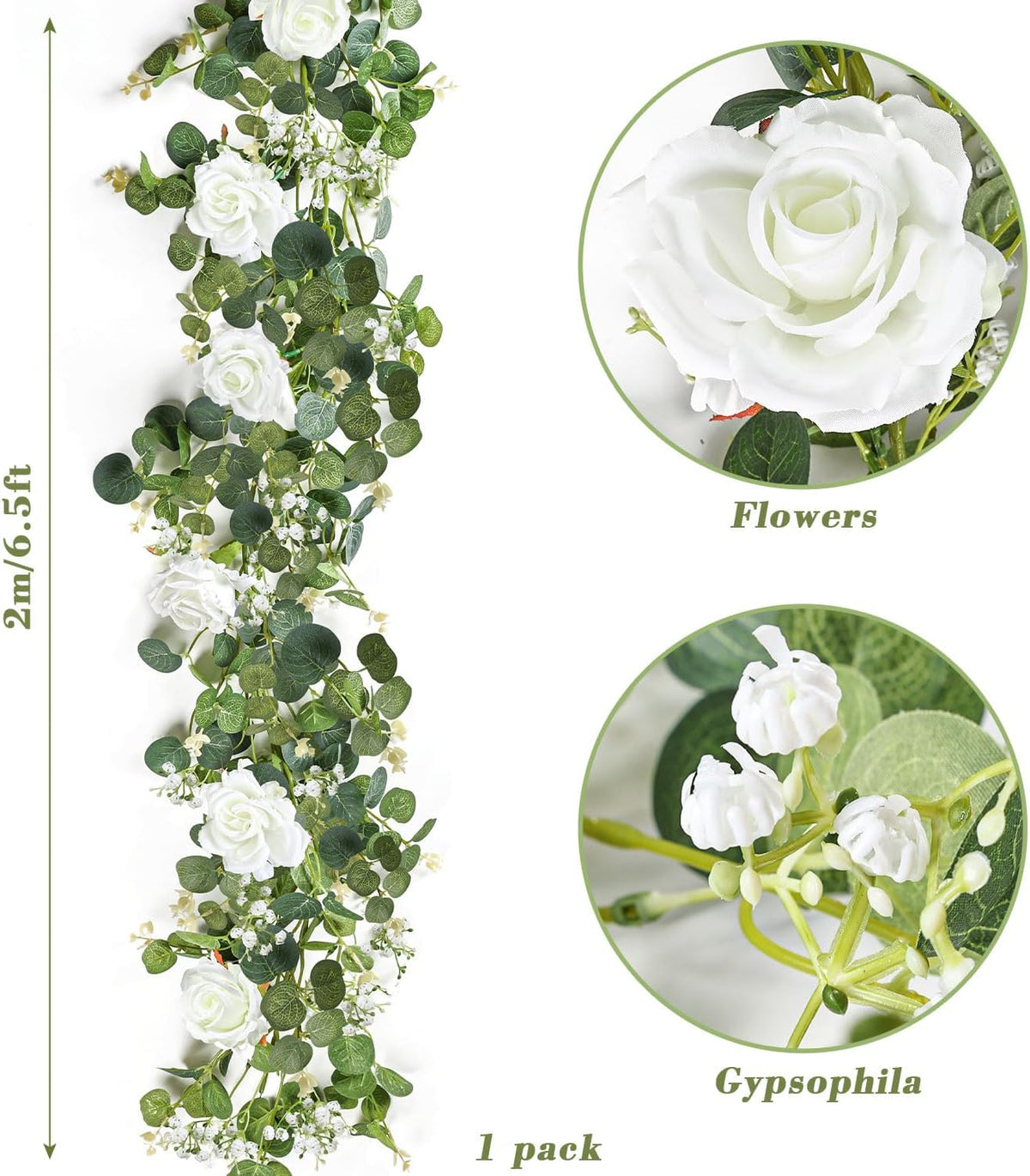 6.5ft Artificial Eucalyptus Garland with Flowers U1465