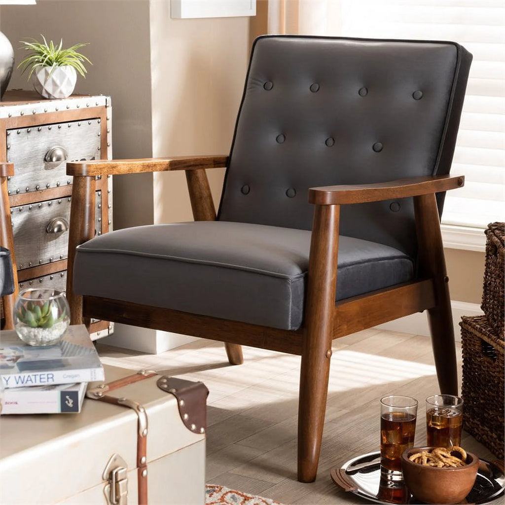 Grey Velvet Upholstered Wood Lounge Chair C1203