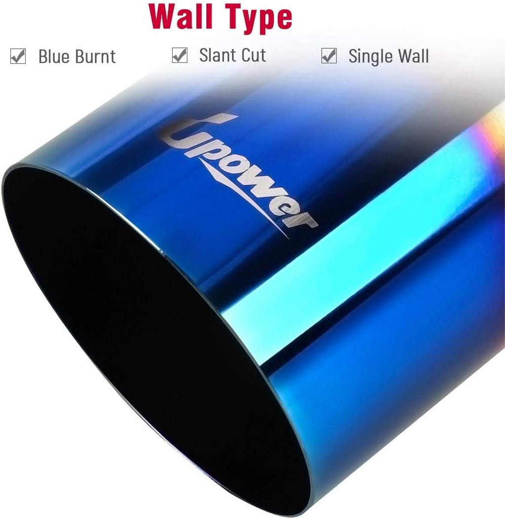Blue Burnt Exhaust Tip 2.5" Inlet 4" Outlet 9" Long Single Wall Slant Cut 304 Stainless Steel Pack of 2 A9966