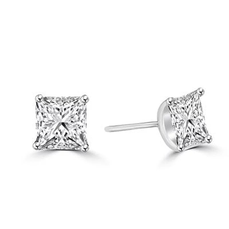 Prong Set Stud Earrings with Artificial Princess Cut Diamond in Sterling Silver B267993