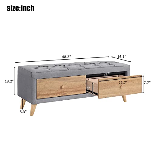 Gray Upholstered Wooden Storage Ottoman Bench with 2 Drawers T996