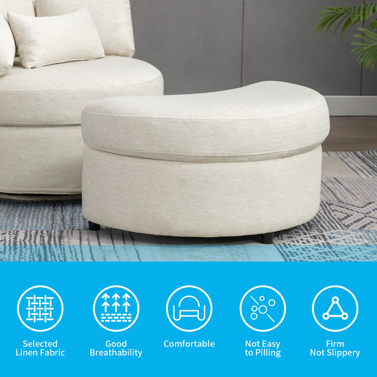 Beige Linen Fabric Swivel Accent Barrel Chair with Storage Ottoman and 3 Pillows D90405