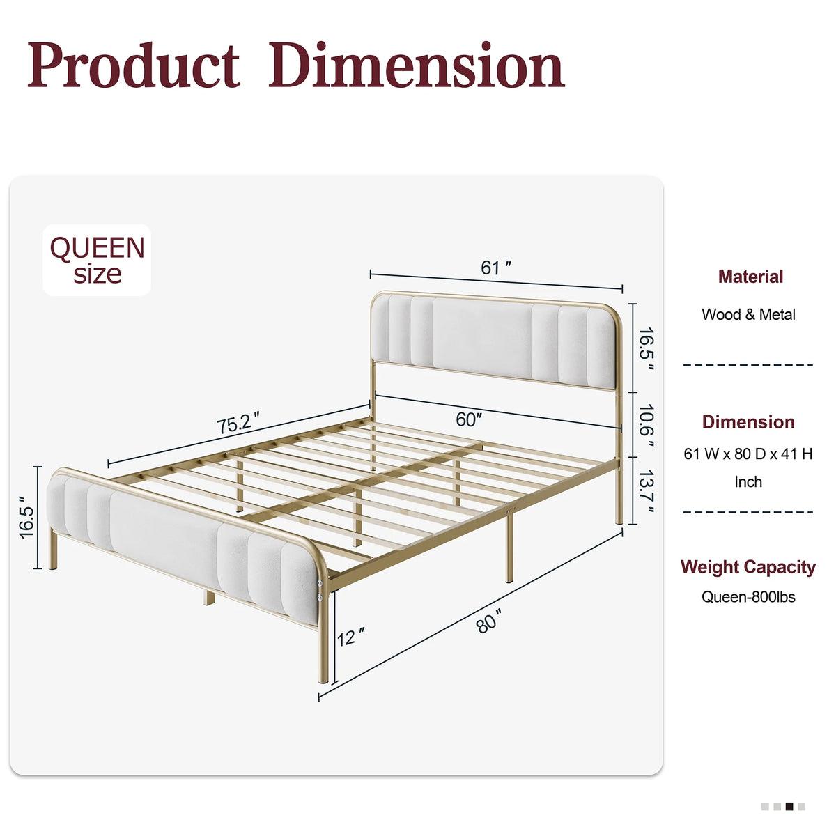 Gold Queen Size Velvet Fabric Headboard Metal Platform Bed L861540