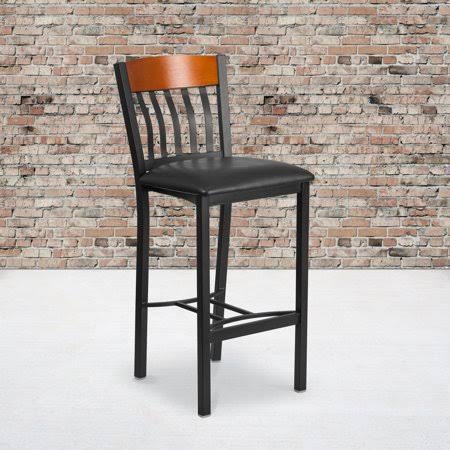 Black Metal & Cherry Wood Barstool with Black Vinyl Seat A551314