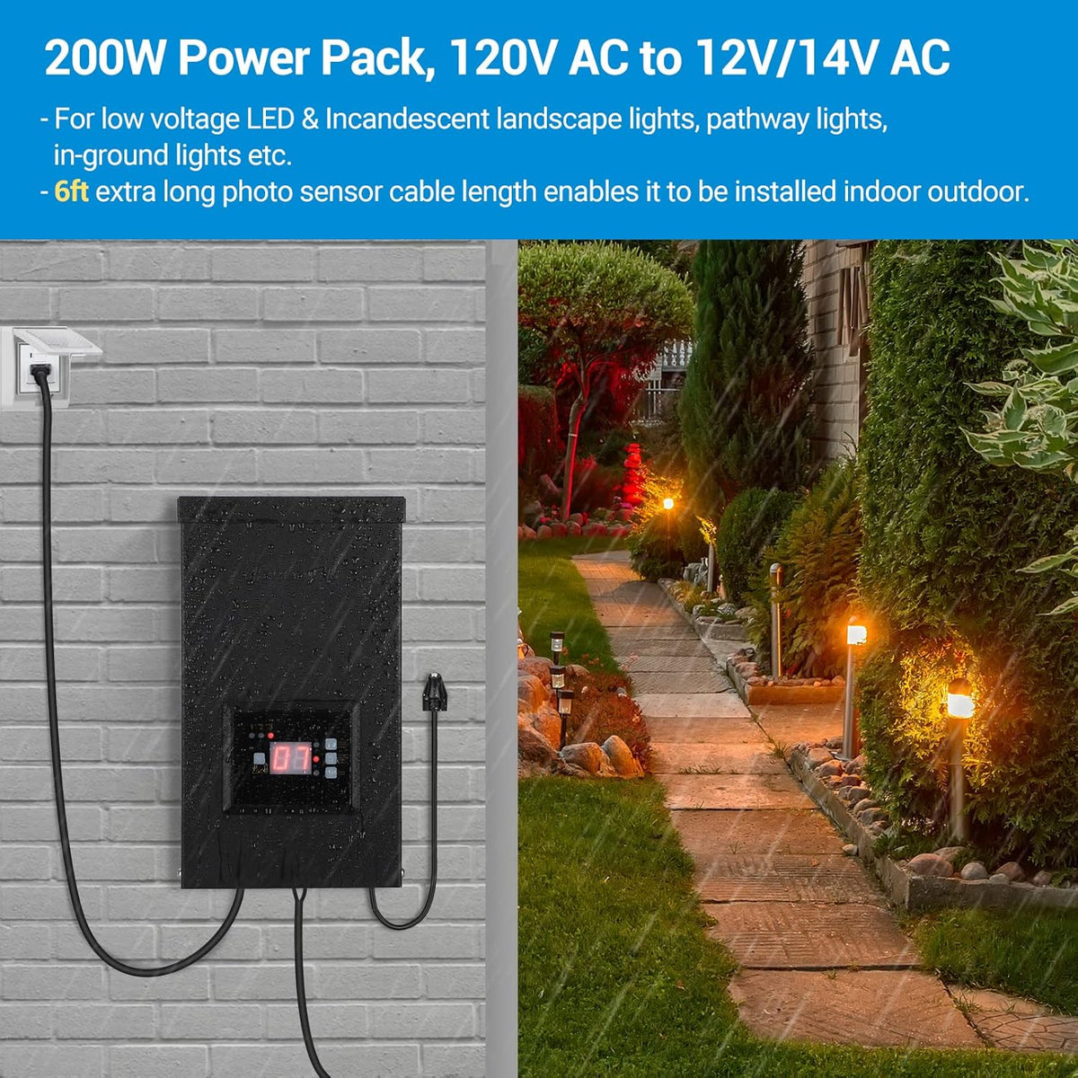 200W Low Voltage Landscape Transformer with Timer and Photocell Sensor X3031