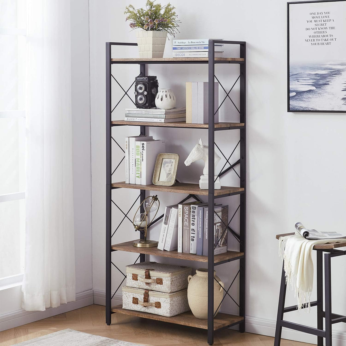 5-Tier Rustic Wood and Metal Bookshelf F225