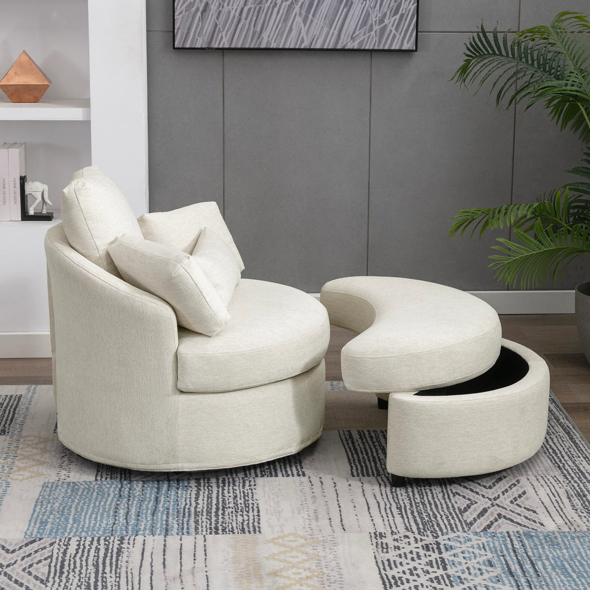 Beige Linen Fabric Swivel Accent Barrel Chair with Storage Ottoman and 3 Pillows D90405