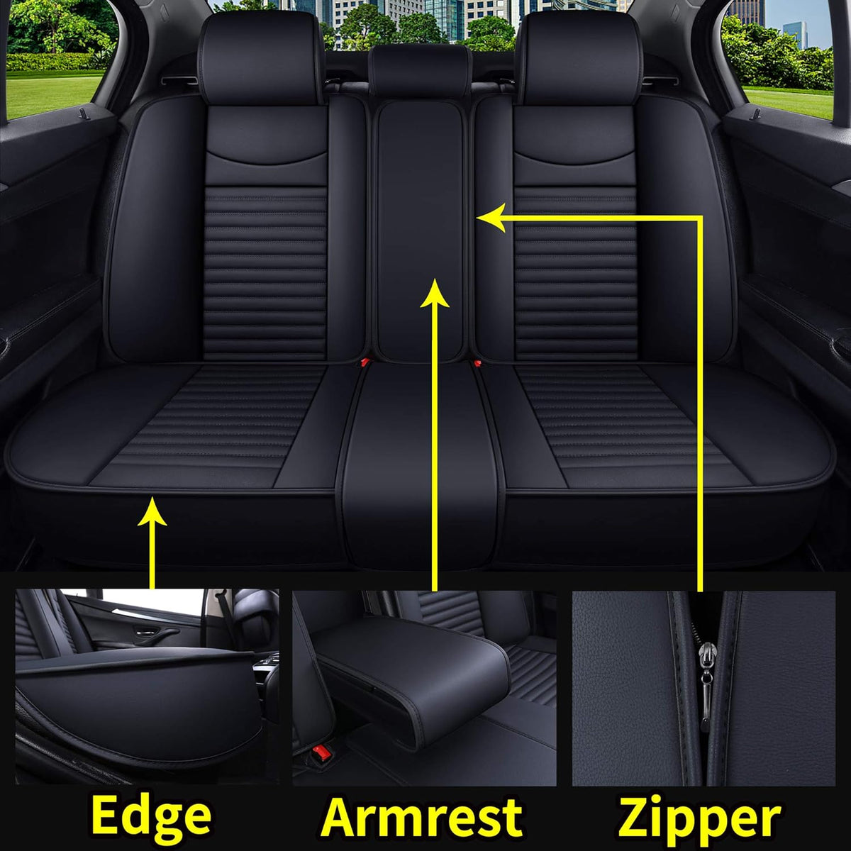 5 Car Seat Covers Full Set Waterproof Leather Universal Black S19664