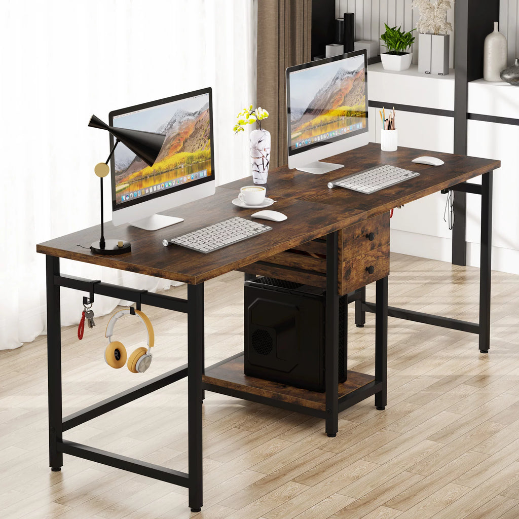 78 Inch 2 Person Desk with 2 Drawers and Storage Shelves K5843