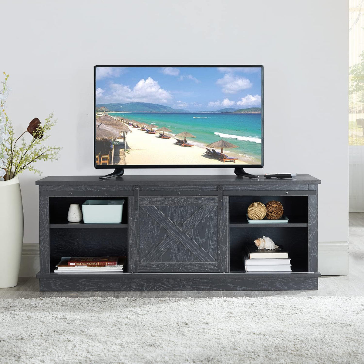Black Sliding Barn Door TV Stand with Storage Cabinet L29117