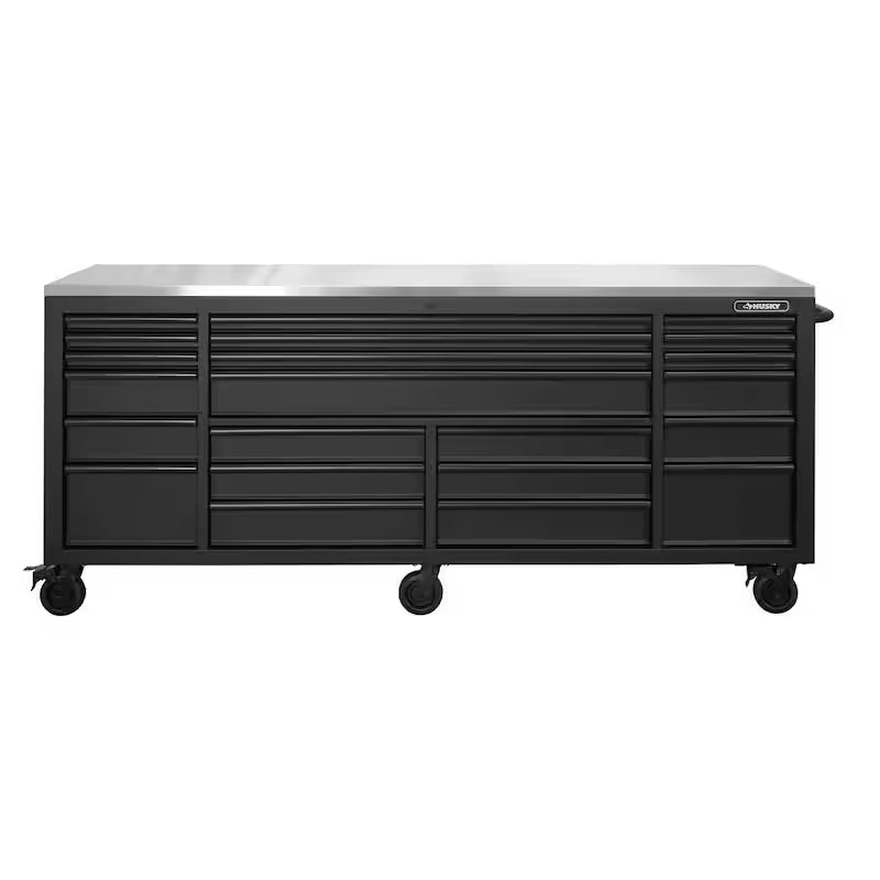 84 in. Heavy Duty Matte Black Mobile Workbench Tool Chest with Stainless Steel Work Top Z434