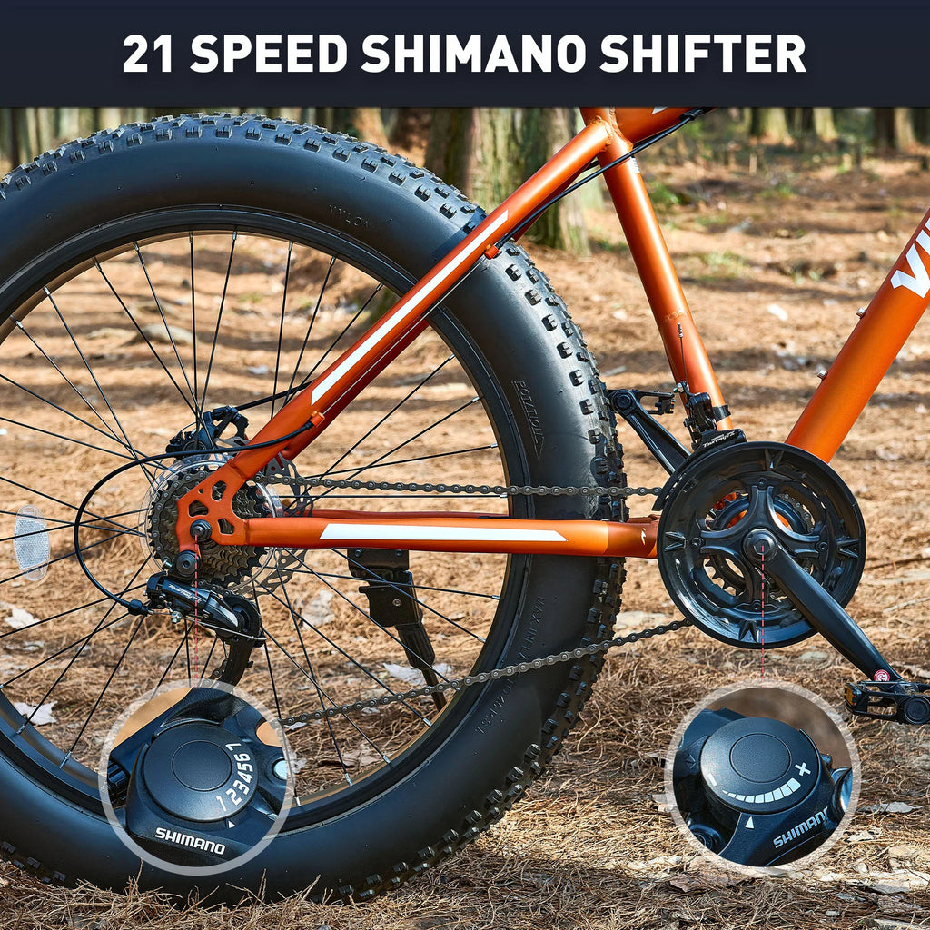 26 Fat Tire Mountain Bike with Front Suspension 21 Speeds Disc Brakes Orange S37064