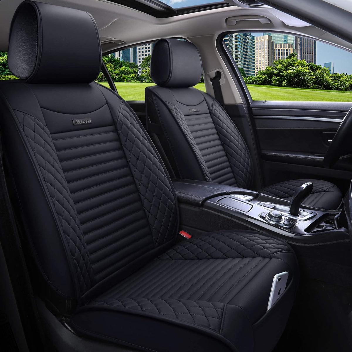 5 Car Seat Covers Full Set Waterproof Leather Universal Black S19664