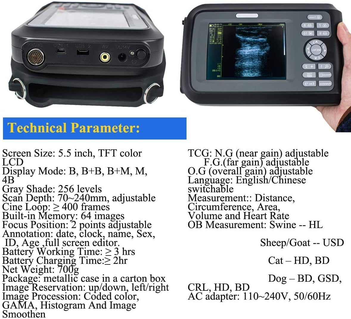Portable Digital Veterinary Ultrasound Scanner with 4.0MHz Rectal Convex Probe U6666