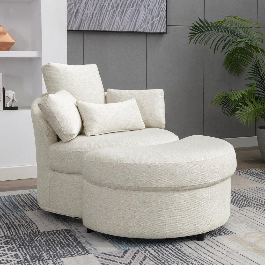 Beige Linen Fabric Swivel Accent Barrel Chair with Storage Ottoman and 3 Pillows D90405
