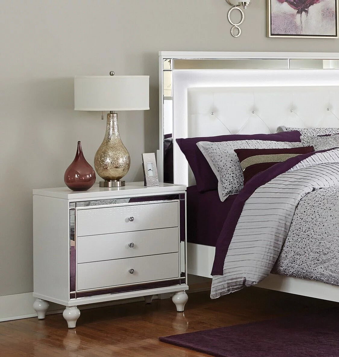 White 3pc Bedroom Set Eastern King Bed LED Headboard 2 Nightstands S149479