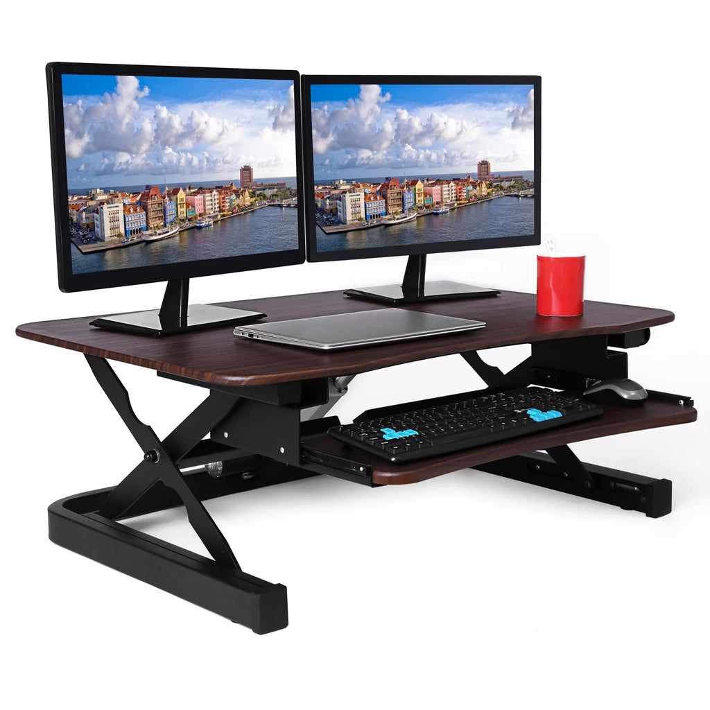 Height Adjustable Electric Desk Converter with Keyboard Tray (Walnut) S8094