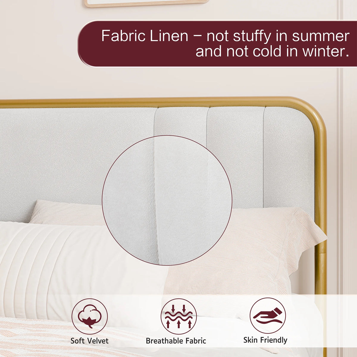 Gold Queen Size Velvet Fabric Headboard Metal Platform Bed L861540