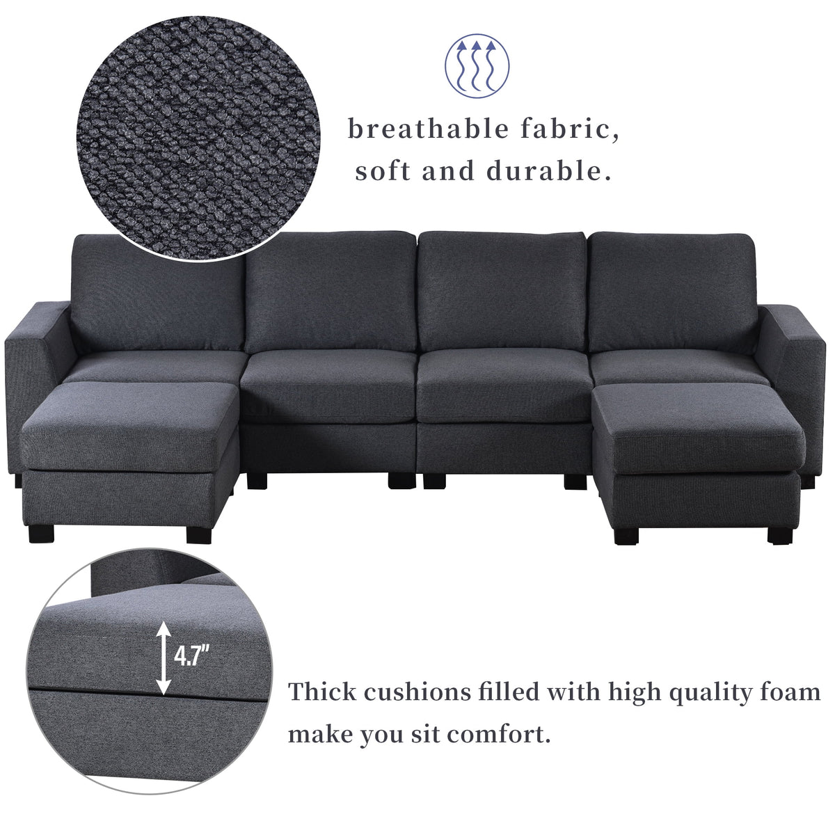 Gray U Shaped 6 Seater Sectional Sofa with Ottomans T311