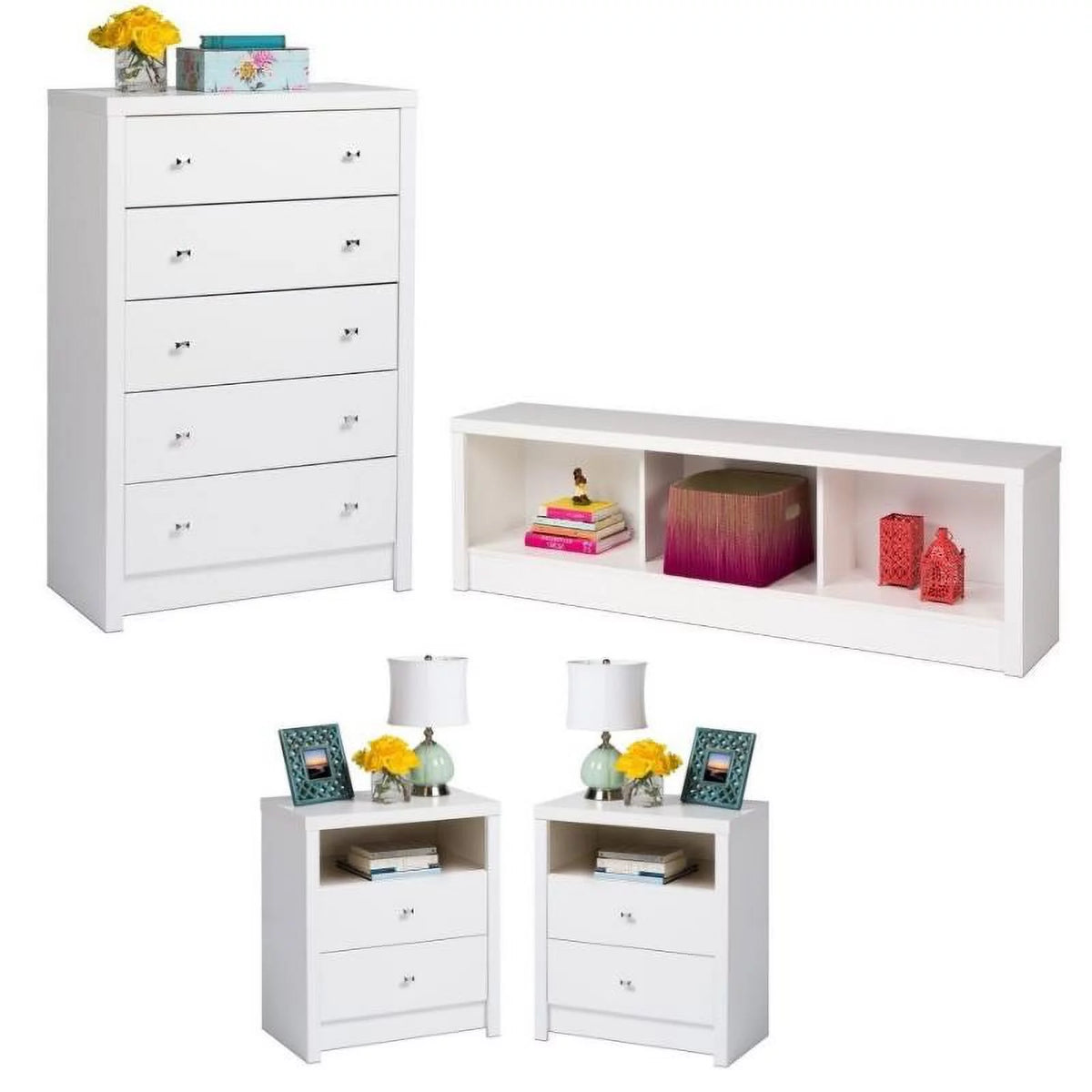 4-Piece Storage Bench 2 Tall Nightstands and 5-Drawer Chest Set C472