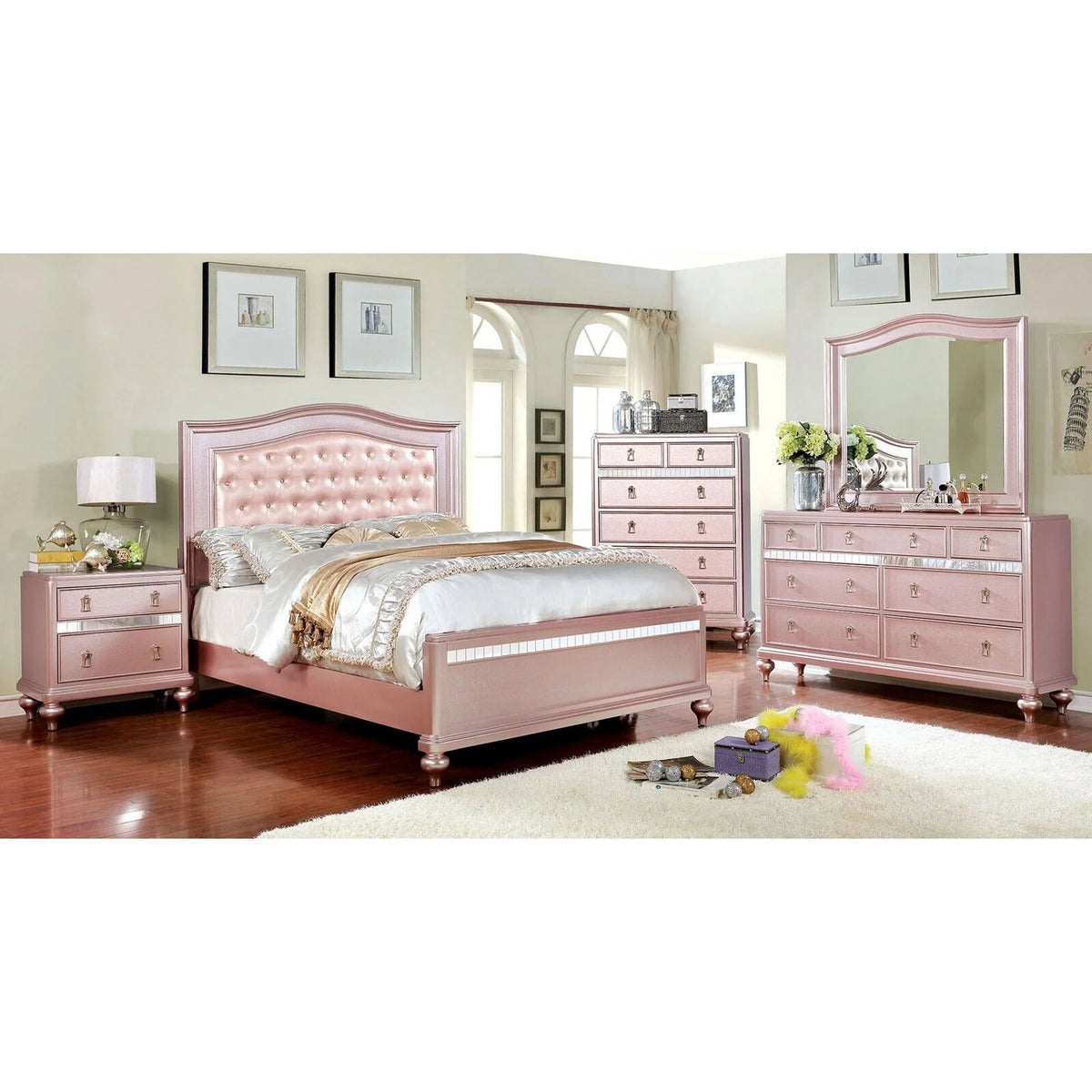 Rose Gold Queen Size Bed 6pc Set Solid Wood L3637
