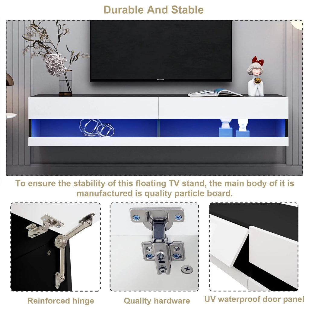 White Black High Gloss Floating TV Stand with LED Lights A4375