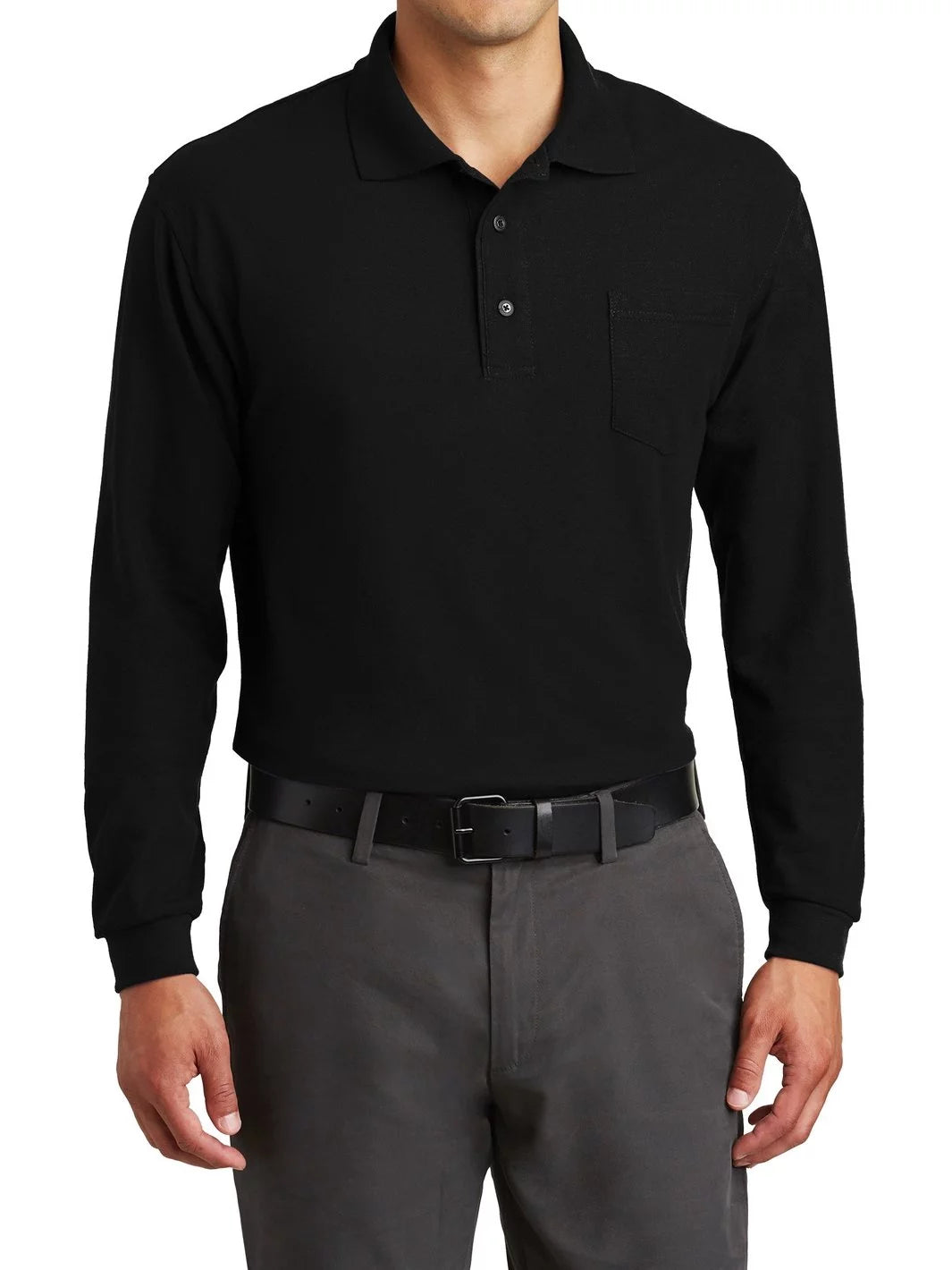 Long Sleeve Silk Touch Polo with Pocket Black Large R2279