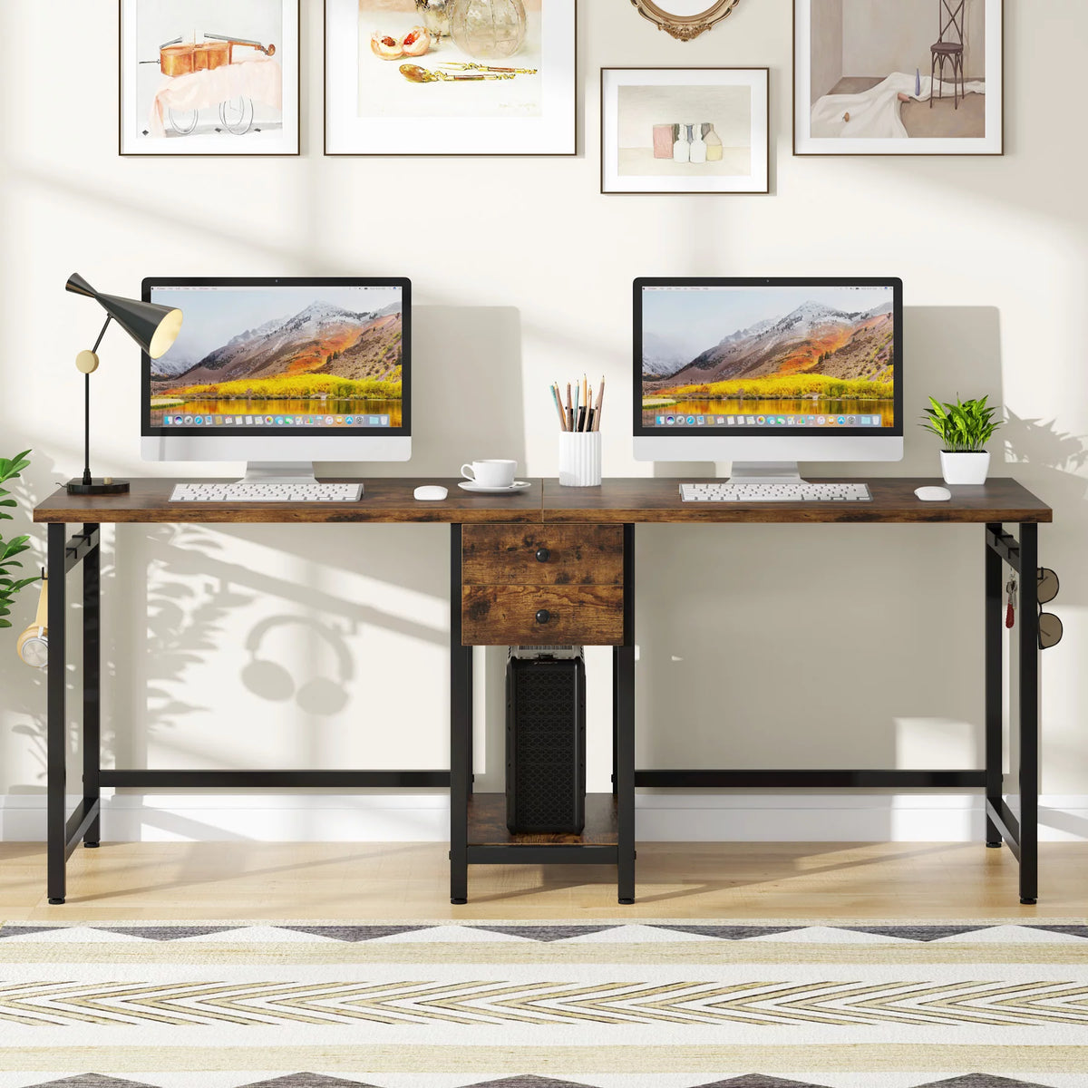 78 Inch 2 Person Desk with 2 Drawers and Storage Shelves K5843