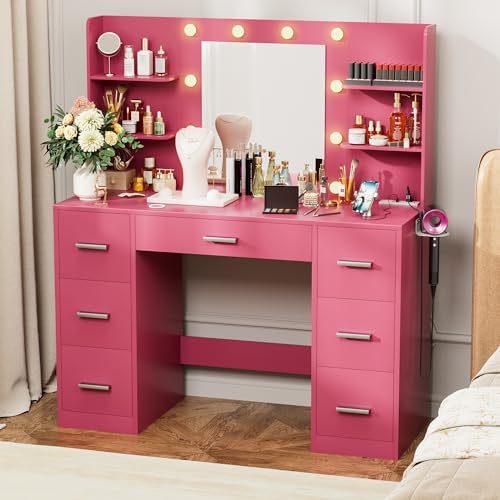 Black Vanity Desk with LED Lighted Mirror and 7 Drawers K295