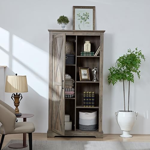 Tall Storage Cabinet Bookcase with Sliding Barn Door and Adjustable Shelf P10875