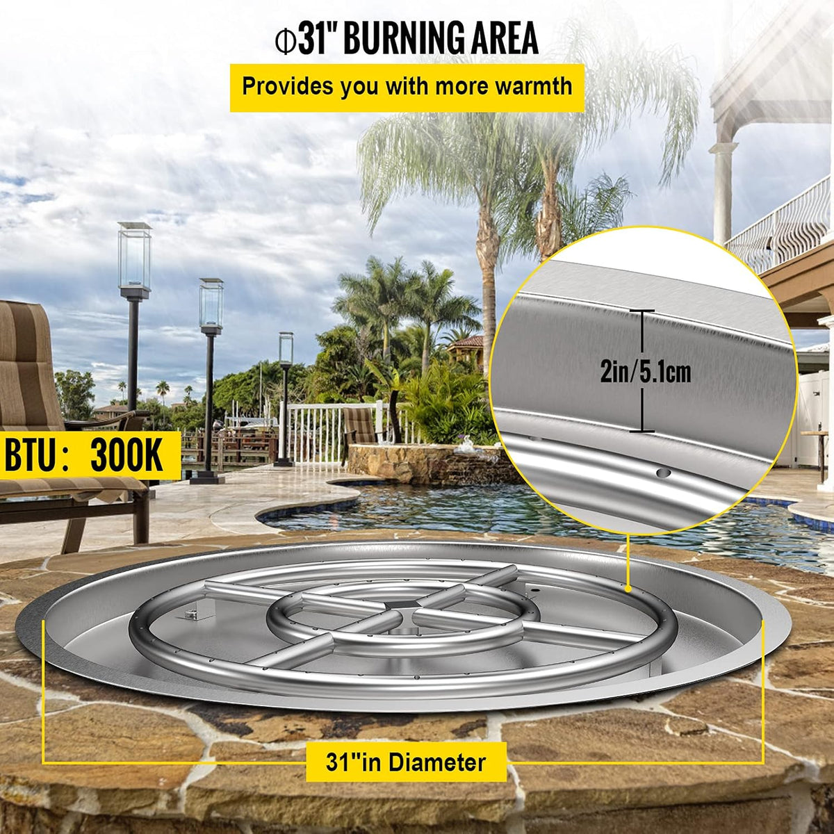 31 x 31 Round Stainless Steel Gas Fire Pit Burner Pan with Volcanic Rock Insert Q79168