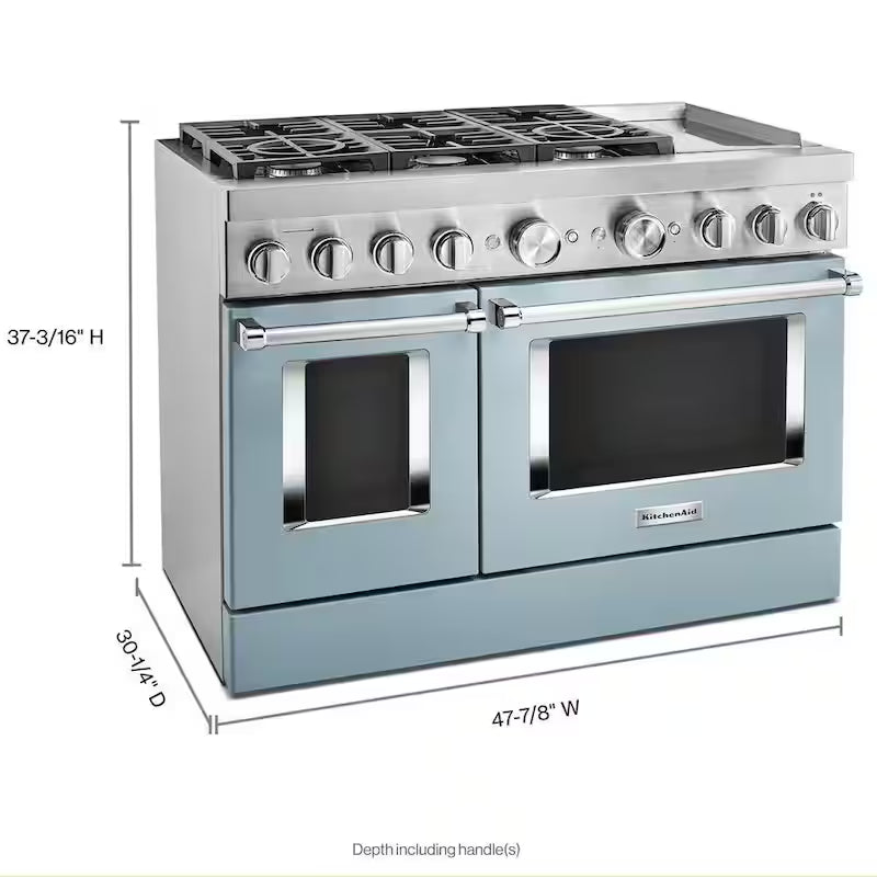 48 in. Double Oven Dual Fuel Range with Self-Cleaning and True Convection in Misty Blue J403096