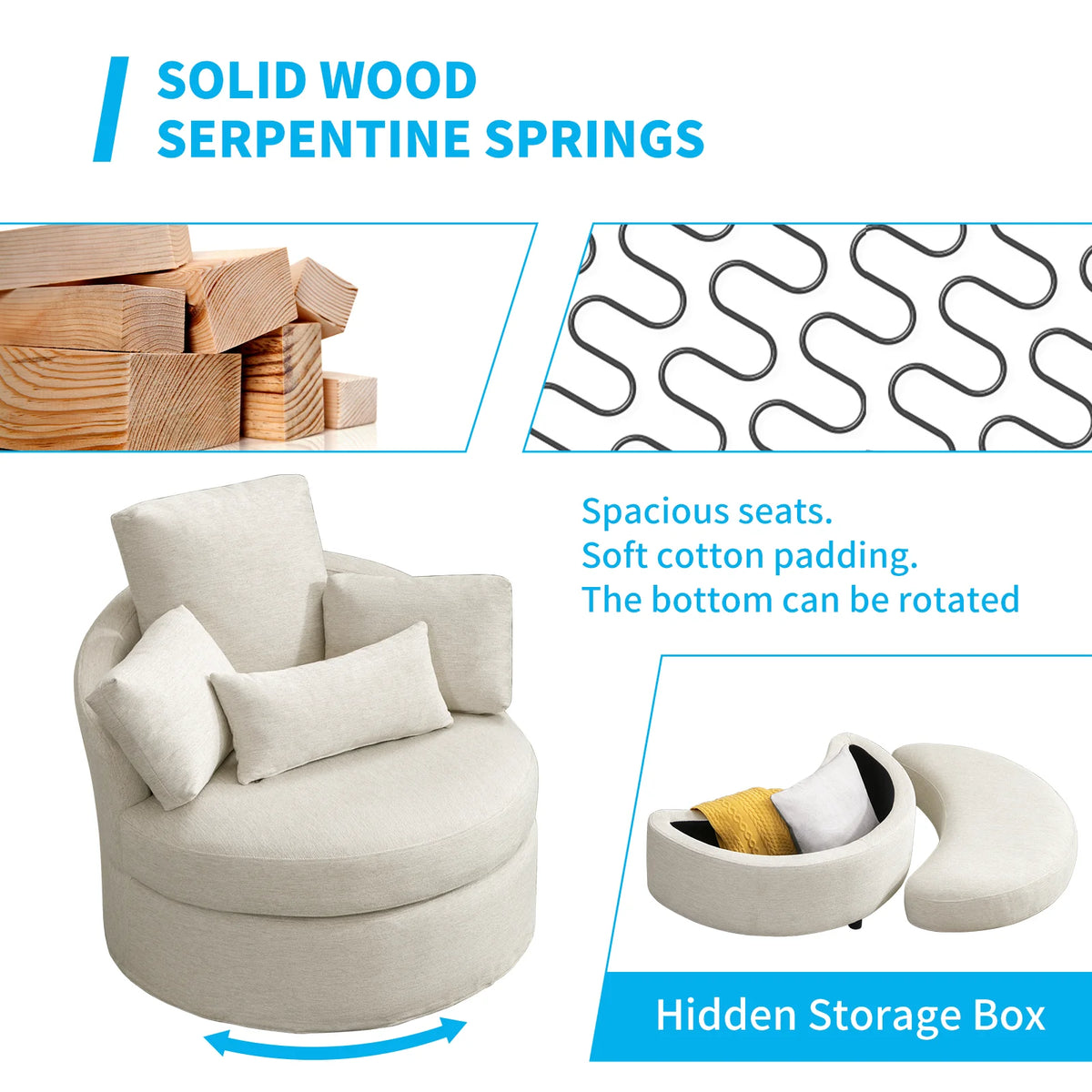 Beige Linen Fabric Swivel Accent Barrel Chair with Storage Ottoman and 3 Pillows D90405