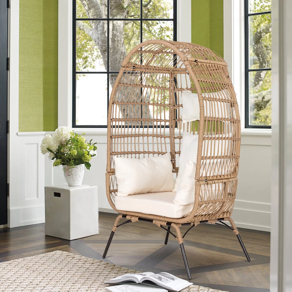 Navy Blue Rattan Wicker Oversize Patio Chair with Cushion E1954