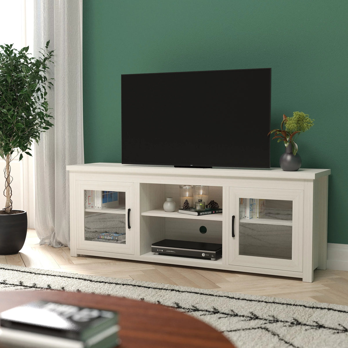 White Wash TV Stand with Glass Doors and Adjustable Shelves B33811