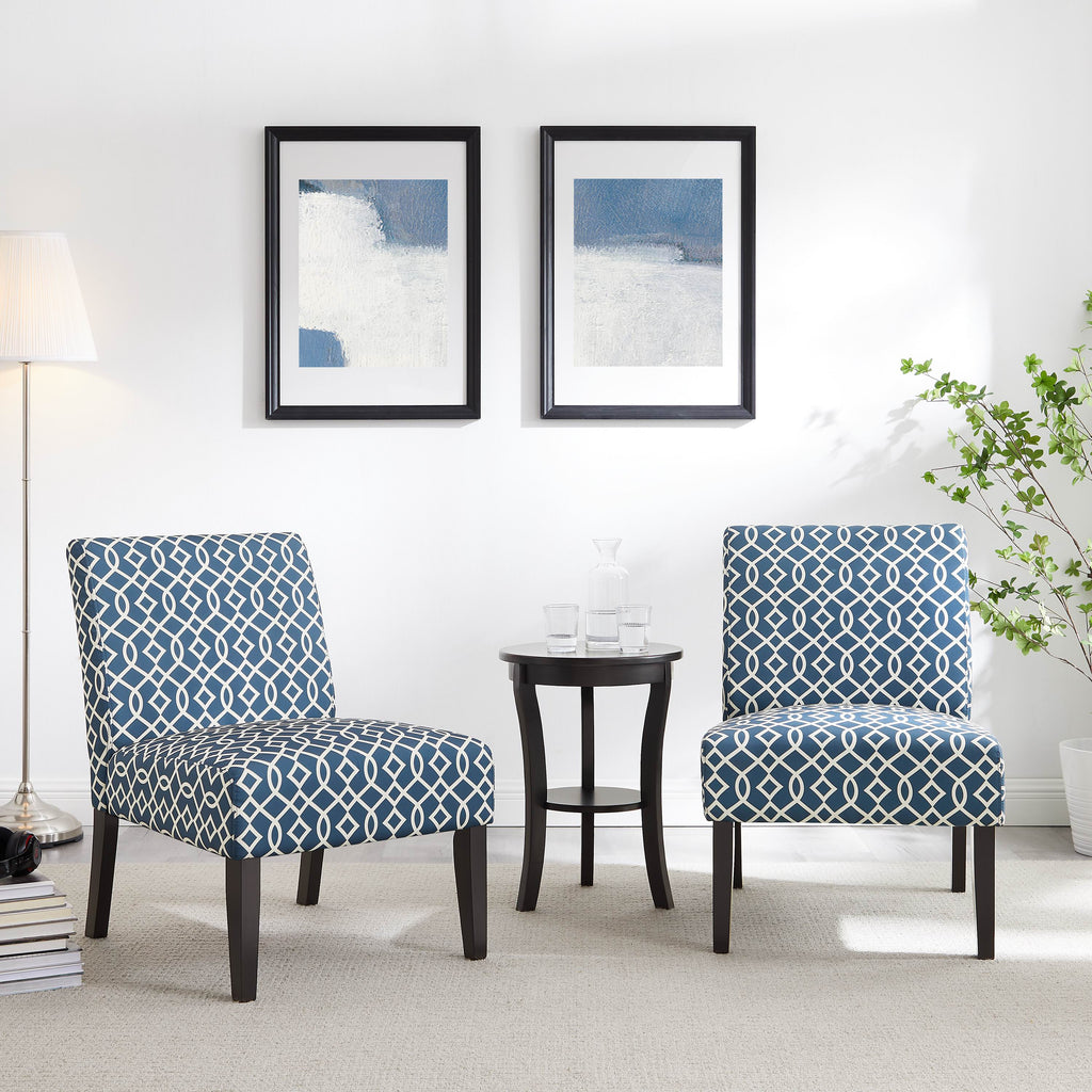 3pc Blue Fabric Upholstered Side Table and 2 Chairs A52363