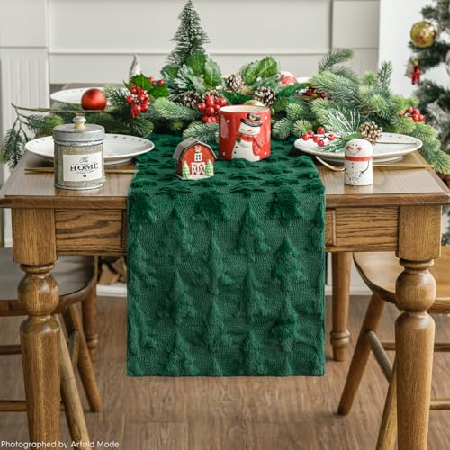 Green Plush Faux Fur Jacquard Christmas Table Runner 13x72 Inch F736488
