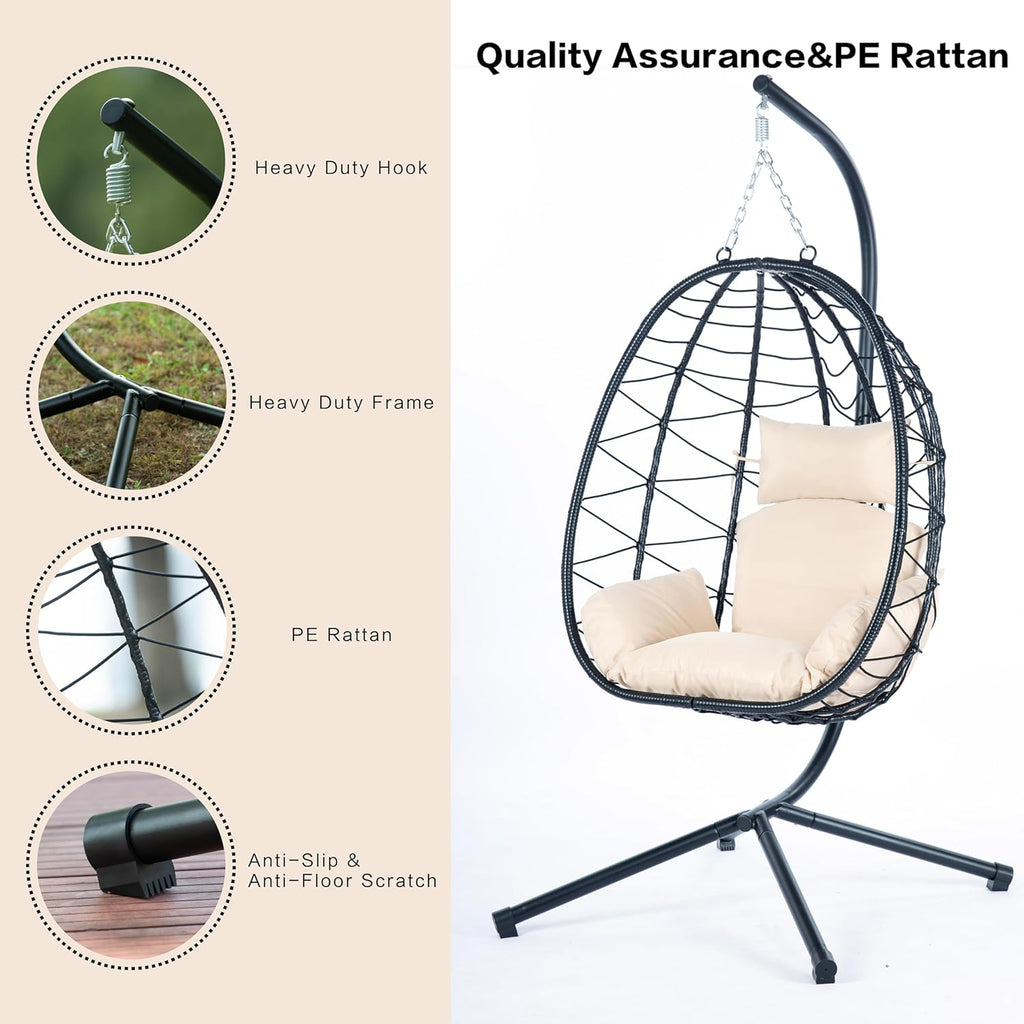 Egg Chair with Stand, Rattan Hanging Chair with Cushion W8449