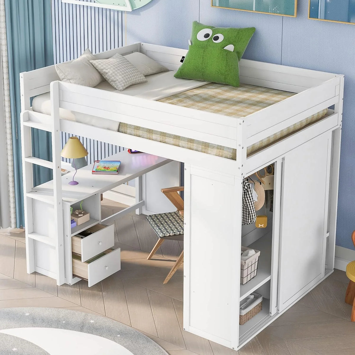 White Full Size Solid Wood Loft Bed with Wardrobes and Desk G8771