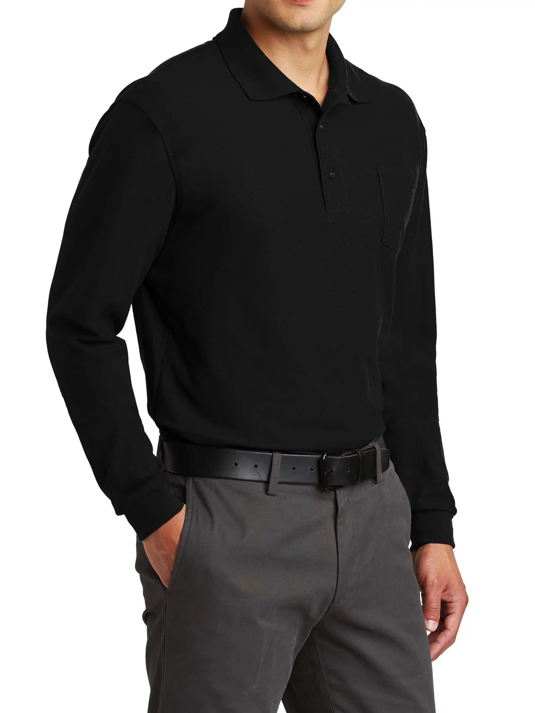 Long Sleeve Silk Touch Polo with Pocket Black Large R2279