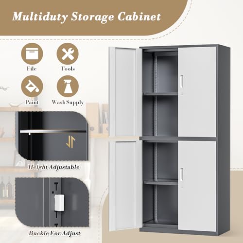 Metal Storage Cabinet with 4 Lock Doors and 4 Adjustable Shelves, 74" Tall Rolling Cabinet M1827