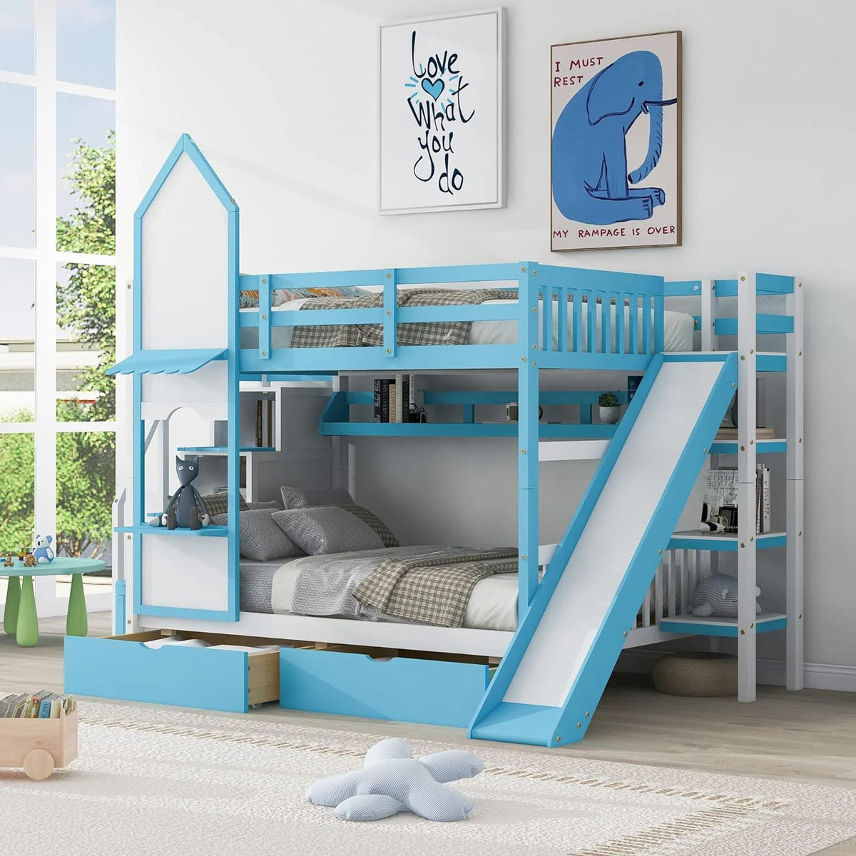 Full Over Full Wooden Bunk Bed with Slide Storage Drawers Shelves B506894