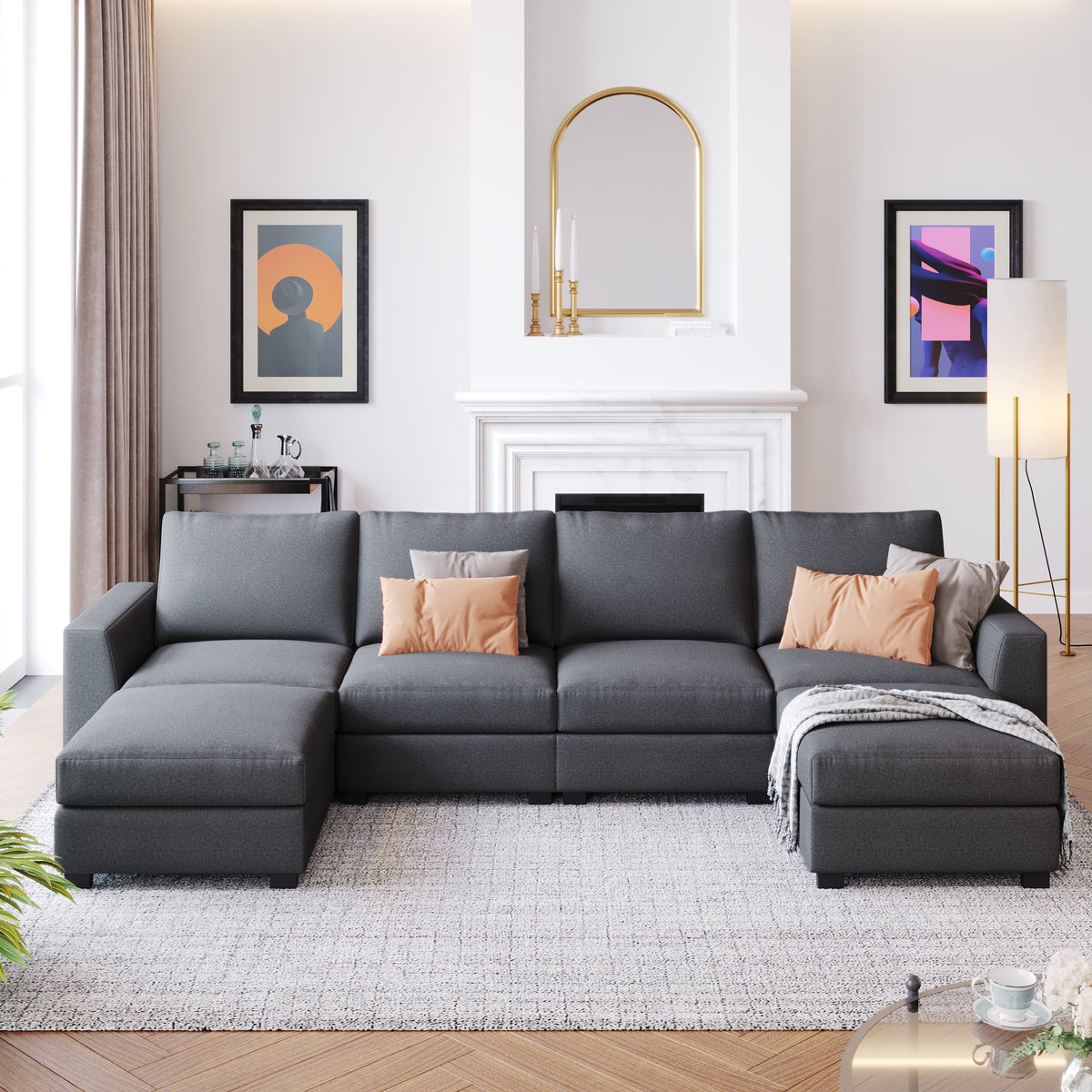 Gray U Shaped 6 Seater Sectional Sofa with Ottomans T311
