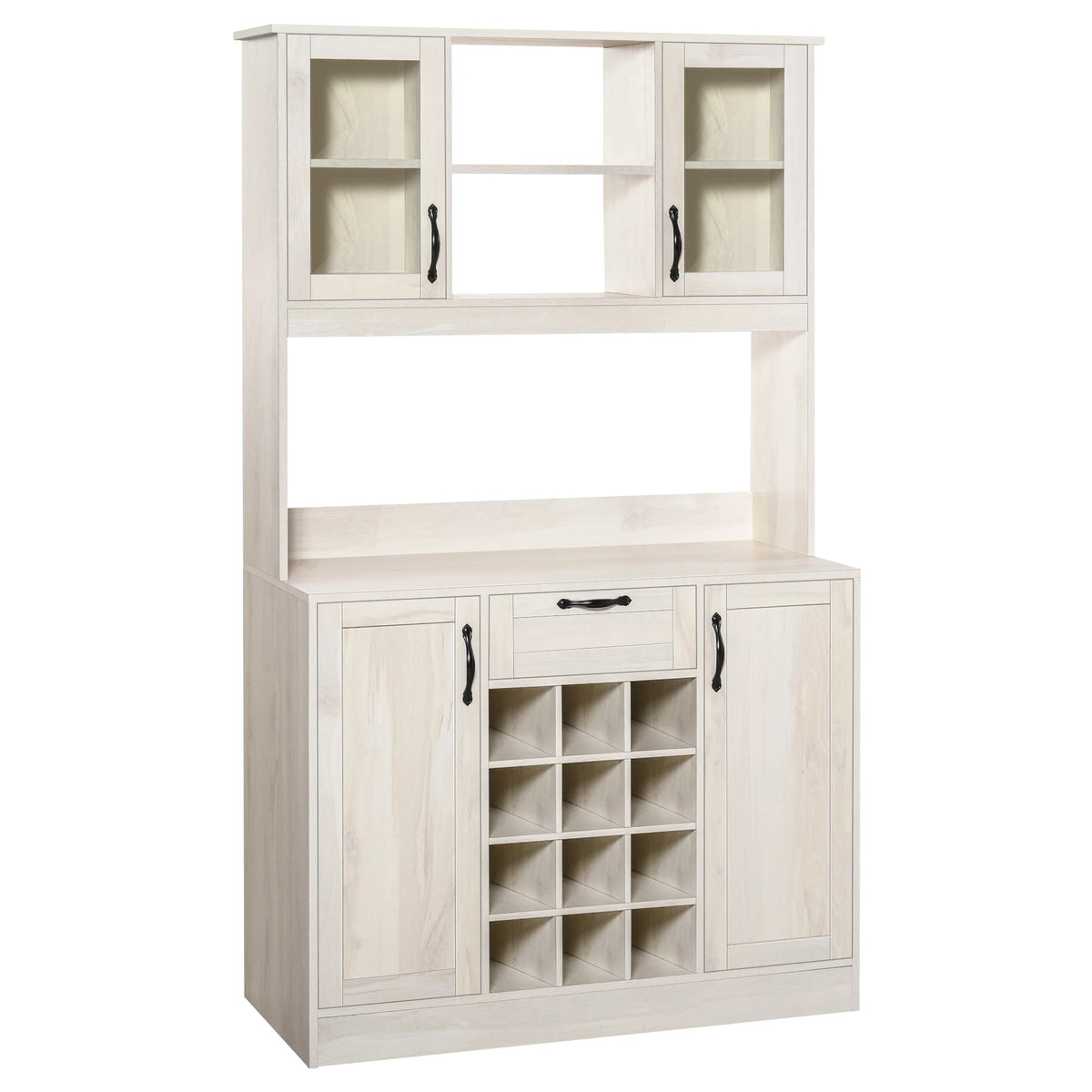 White Kitchen Buffet Hutch Cupboard with 4 Door Cabinets and 12-Bottle Wine Storage M739