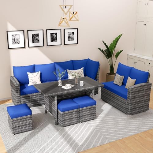 7 Piece Outdoor Patio Furniture Set with Plastic Wooden Table Q34327