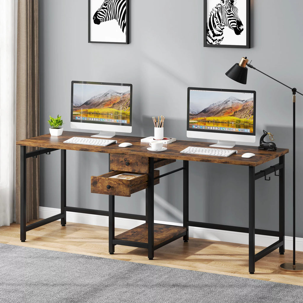 78 Inch 2 Person Desk with 2 Drawers and Storage Shelves K5843